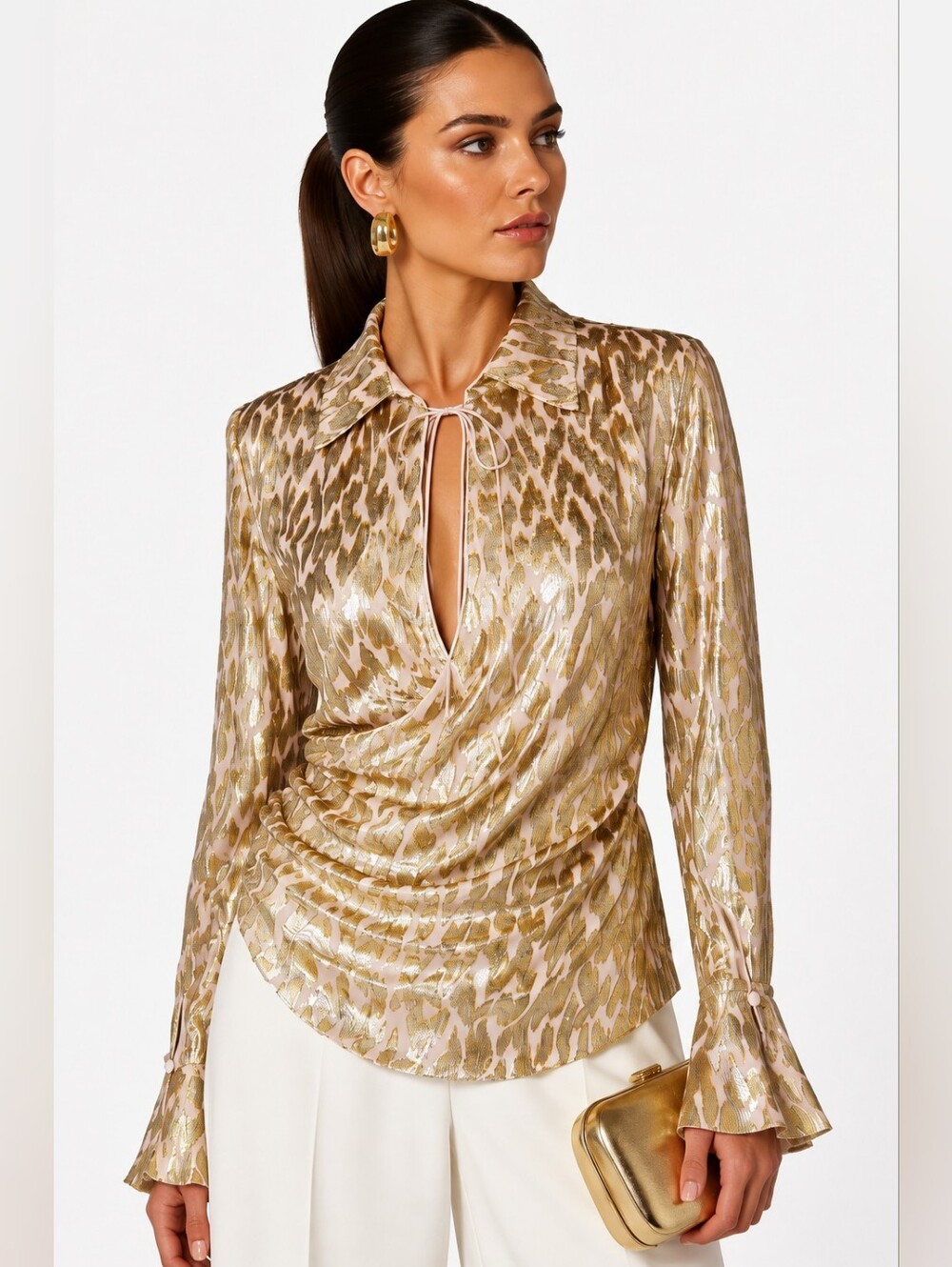 NWT SIMKHAI Luella Gold Metallic Fil Coupe Silk Faux Wrap Blouse Sz 6 $395